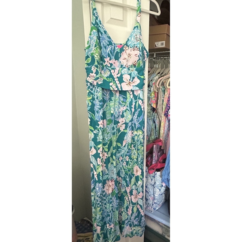Lilly Pulitzer Blake Maxi Sz 14 Dress Blue Green Pinks Padded Floral Cottagecore
